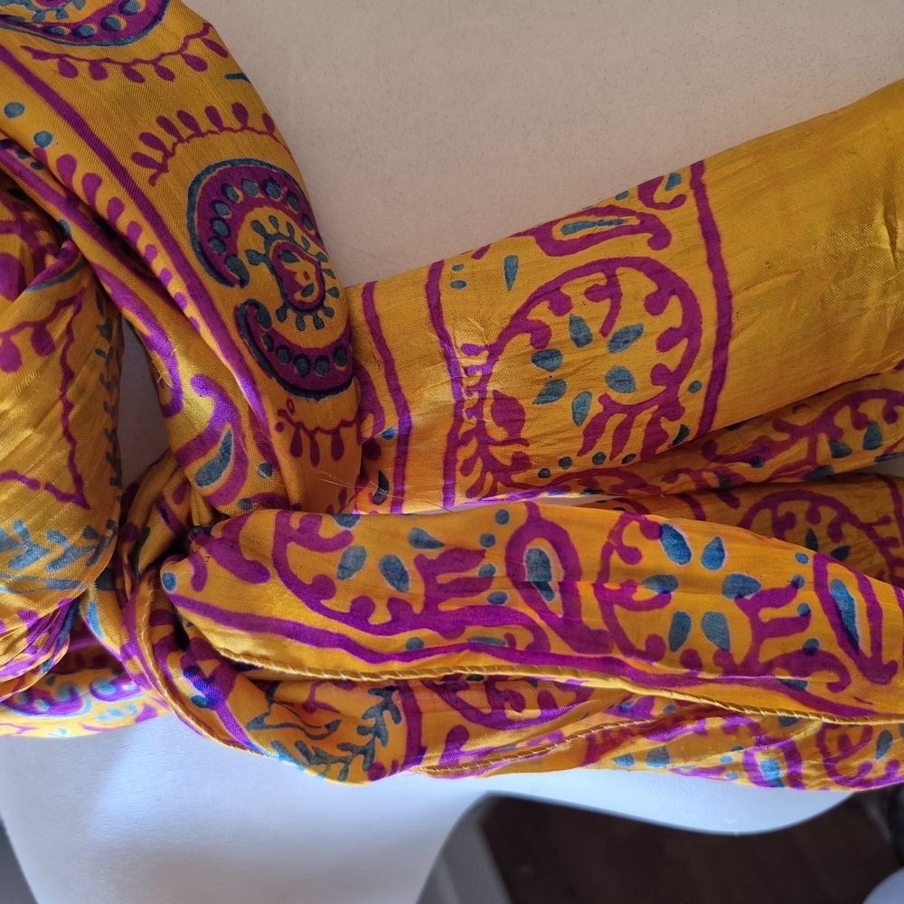 Vibrant Yellow and Pink Paysley Silk Handpainted Patterned Scarf - Picture 3 of 10